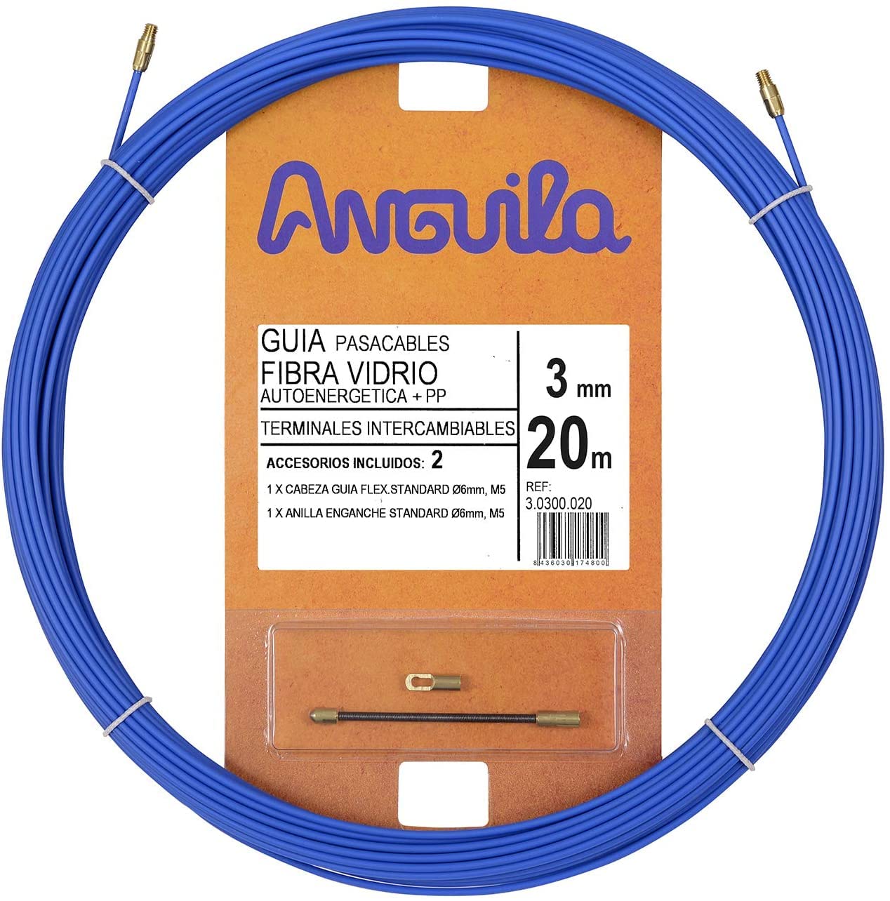 Anguila | Cable Guide | Reinforced Fiberglass + Propylene | Interchangeable Terminals | Blue | Diameter 3 mm | 20 m