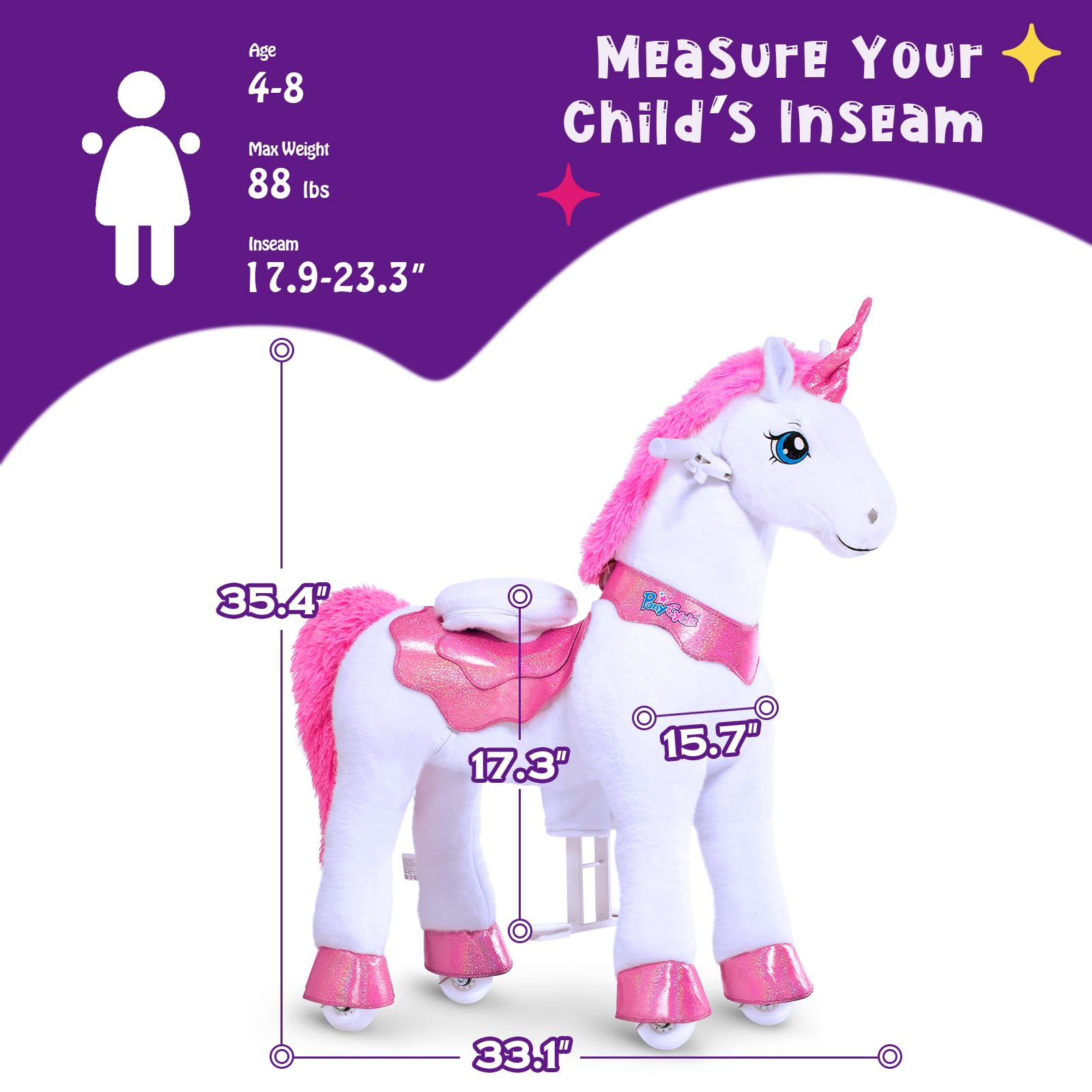 PonyCycle Ride on Unicorn Toys for Girls Pony Riding Pink Unicorn Rocking Horse (with Brake/ 35.4