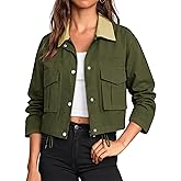 COCCKO Womens Cropped Jacket Zip Up Lightweight Bomber Button Drawstring Oversized Utility Casual Coats With Pockets