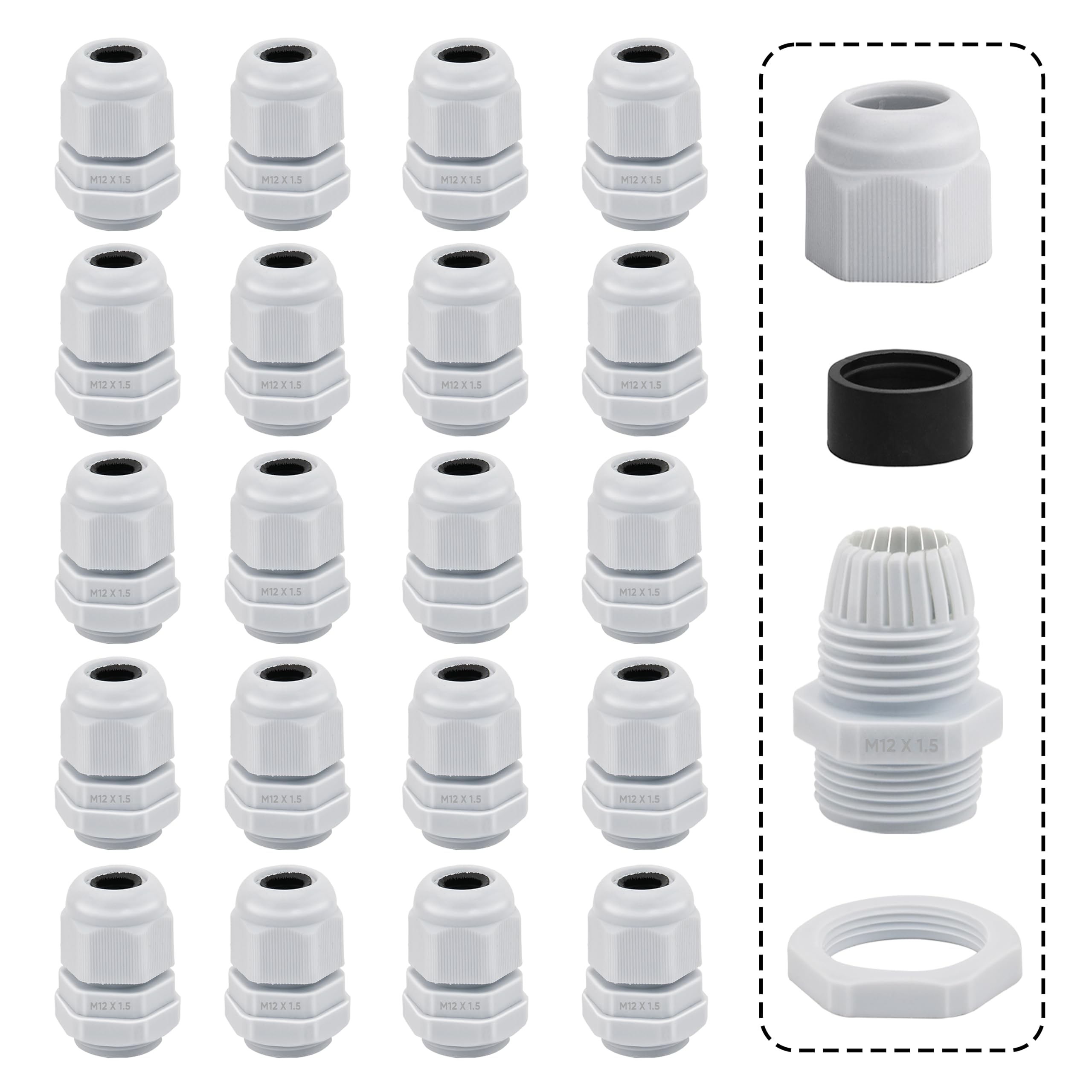 Pack of 20 Waterproof Cable Glands, M12 White, Adjustable Cable Gland with Nut for Attaching Cable Glands for Outdoor Garden Garage Junction Box