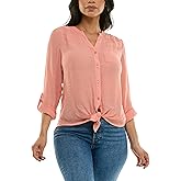 Zac & Rachel Women's Long Sleeve Linen-Like Button Up Shirt with Front Tie + Pocket, Poppy Red/Ceramic, XXL