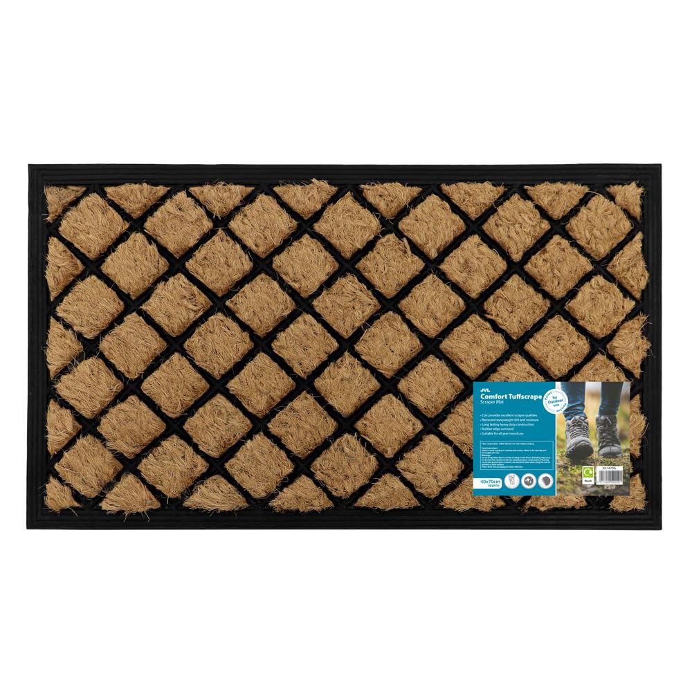 JVL Comfort Rubber Backed Coir Tuffscrape Scraper Doormat, 40x70 cm, Diamond Grid