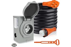 TIPHOPE 50Amp Generator Cord 25FT and Power Inlet Box,125/250V,4 Prong NEMA 14-50P to SS2-50R Generator Cable with NEMA SS2-50P Pre-Drilled Generator Inlet Box for Generator to House,Waterproof