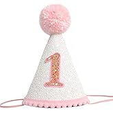 KOJIN First Birthday Hat For Girls,Pink 1st Birthday Crown For Girls,Glitter Birthday Hat With Pink Topper, Birthday Decoration For Girls,1st Birthday Cake Smash Props