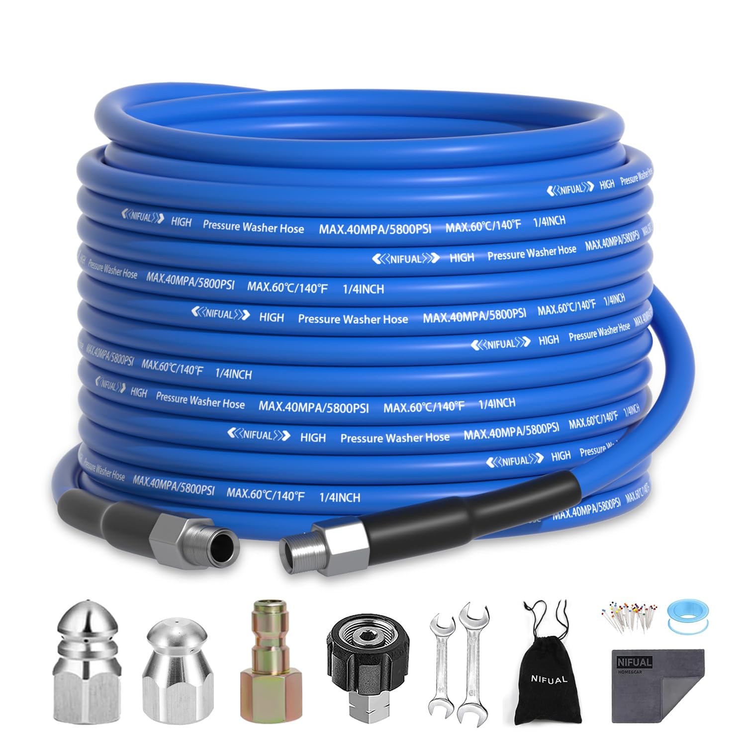 thumbnail interactive-video image 1 of 5800 PSI Pressure Washer Hose – 25FT X 3/8" With Swivel Quick Connect – 1/4" Extension Tube 1 of 4