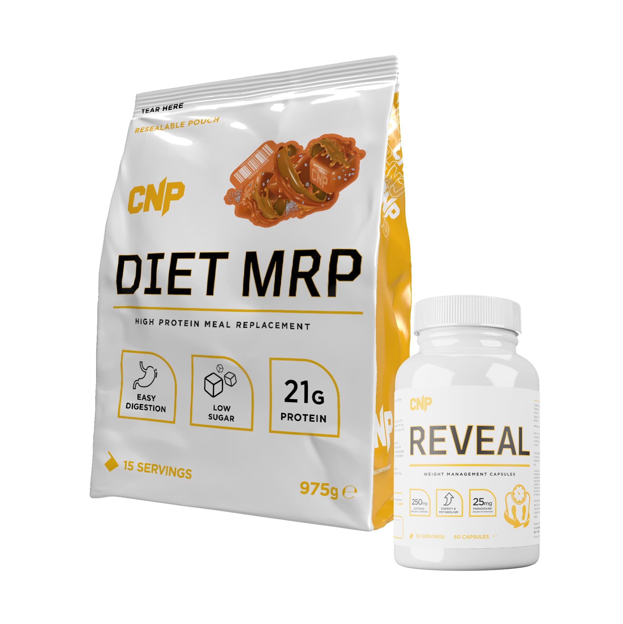 CNP Professional Diet MRP, Low Calorie Meal Replacement with FREE Fatloss Capsules, 21g Protein with Patented Digezyme Fortified + Full Spectrum Vitamins & Minerals, 975g, 4 Flavours (Salted Caramel)