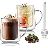Joeyan Clear Double Walled Glass Coffee Mugs, Double Layer Tea Latte Cappuccino Cups with Handle, Double Lined Insulated High Borosilicate Glassware for Milk and Other Hot Beverages, 13.5 oz, Set of 2