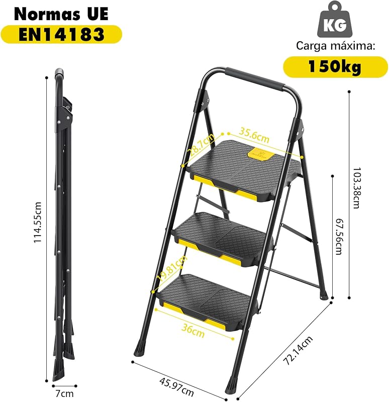 Escada dobrável de 3 degraus com fechadura de segurança, carga doméstica de tesoura até 360kg com pedal antiderrapante largo, corrimão, banco de aço para cozinha doméstica, preto