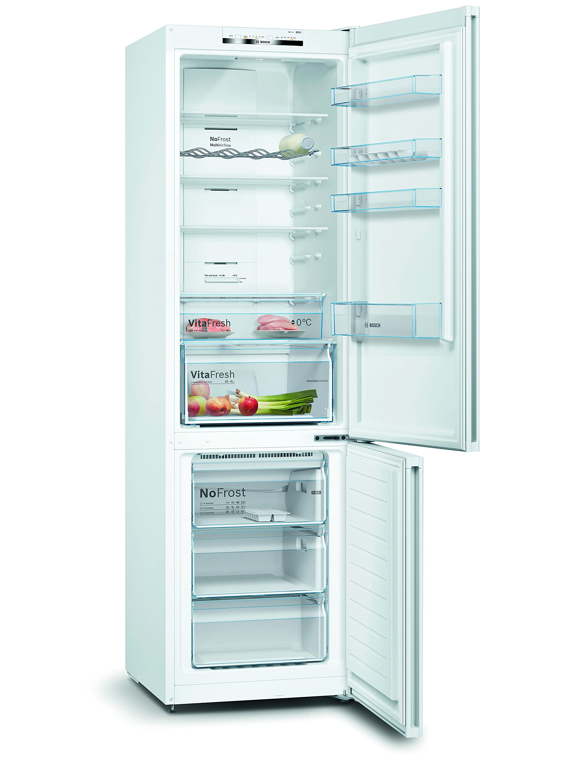 Bosch KGN39VWEAG Fridge Freezer, 60cm wide, with No Frost & VitaFresh, 203cm, 368L capacity, White, Freestanding