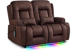 TUNYI Power Loveseat Recliner Sofa - Home Theater Seating with Massage & Heat Velvet Fabric RV Recliner Loveseat Sofa with USB/Cup Holder/Side Pocket/LED Light/Pillow (Brown)