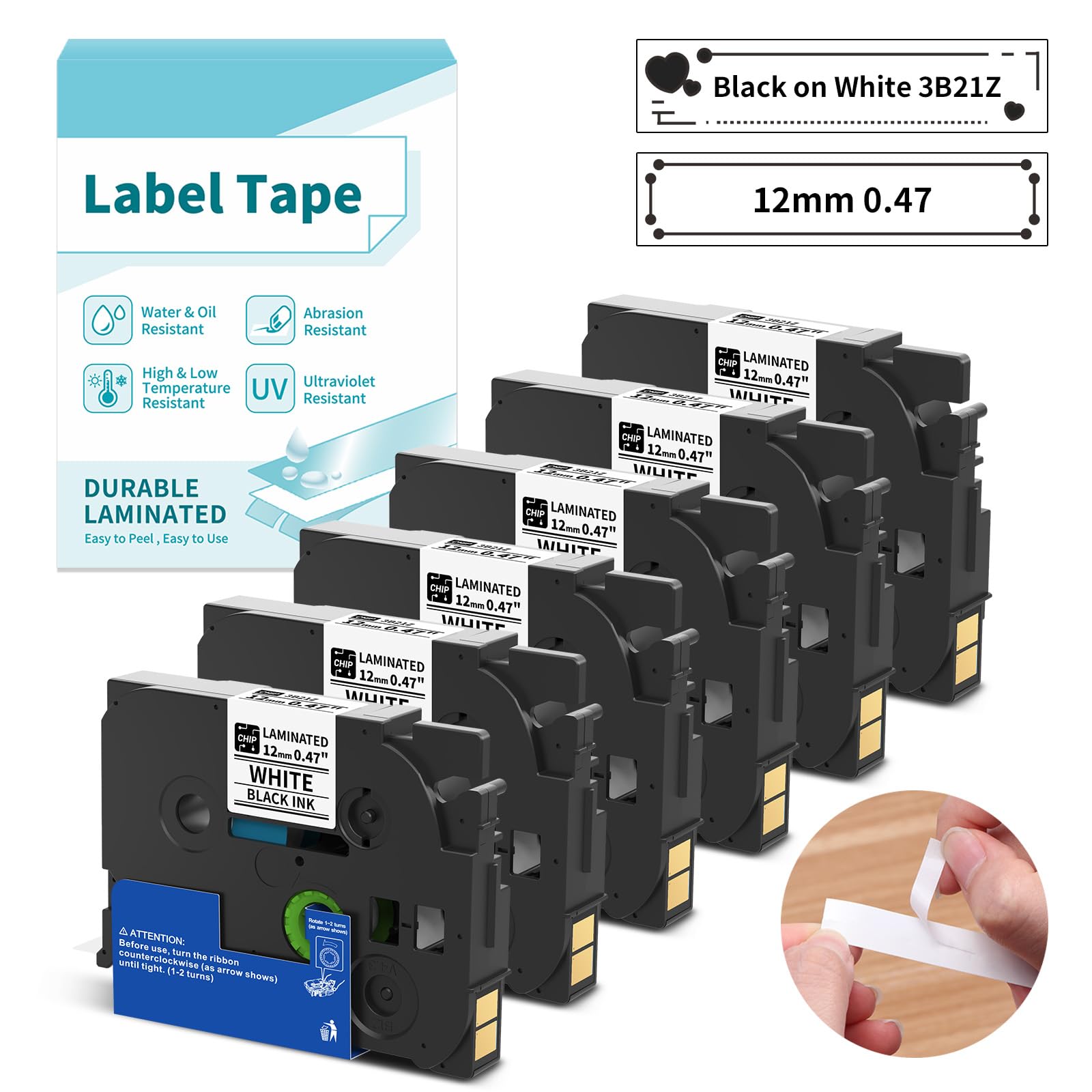 VolenGo Laminated Tapes for H1100 Label Maker, Replacement for Brother Label Printer Tape 12mm 0.47 Laminated White, Compatible with Brother P-Touch PT-H110 E110 D210VP H200, Black on White, 6-Pack