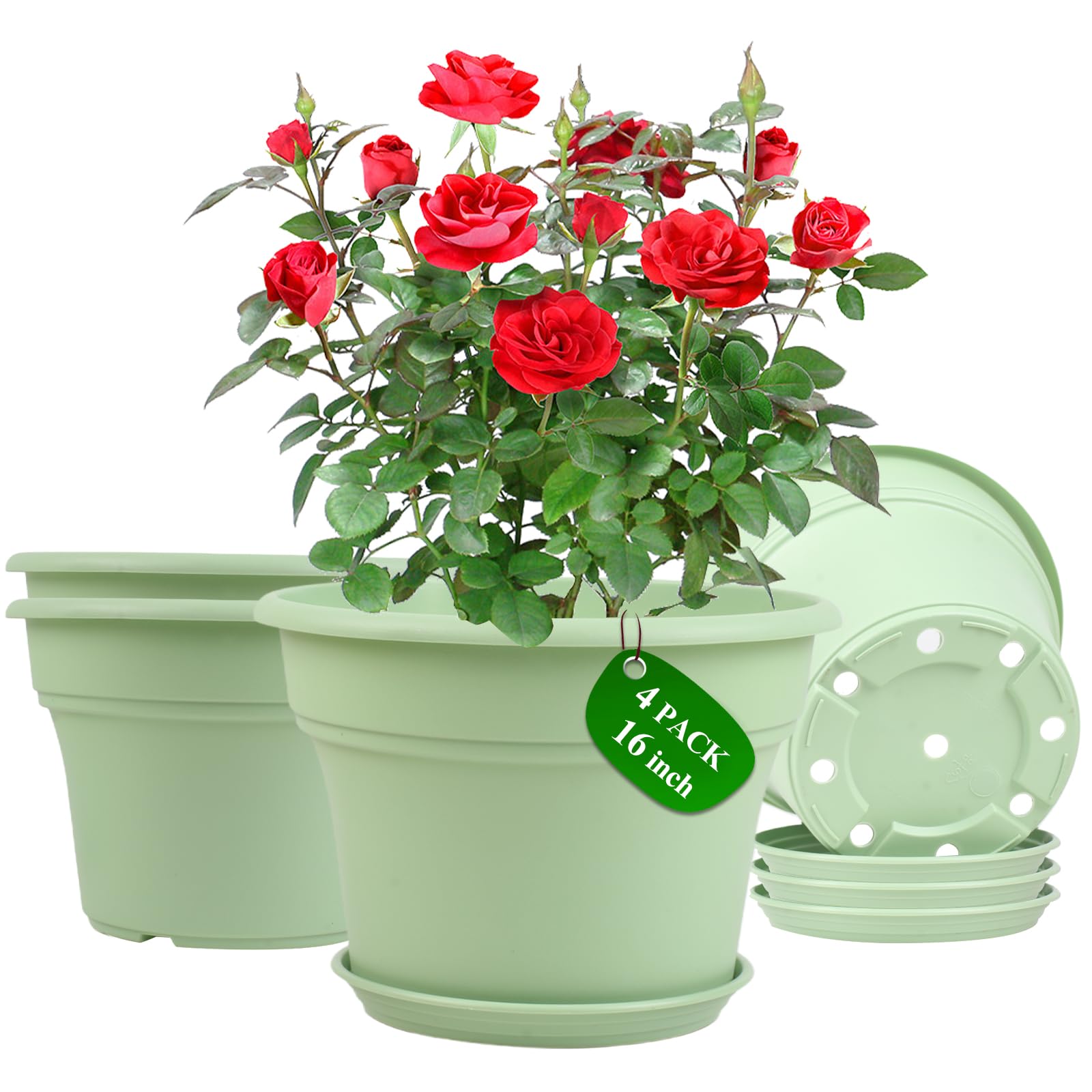 Photo 1 of 16 inch Plastic-Flower-Pot-for-Indoor-Plants, 4 Pack Large Outdoor Planter Pot with Drainage Holes & Saucers, Resin Decorative Garden Pots Planters