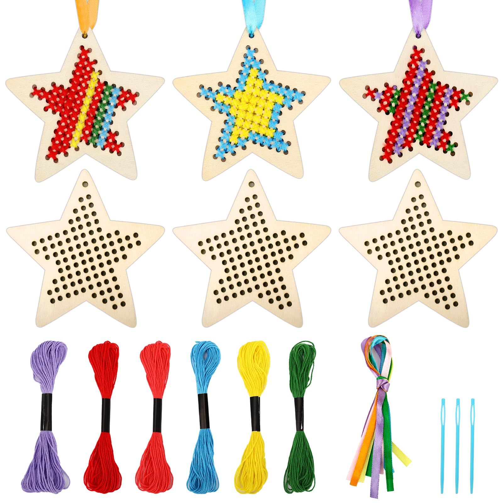 JSRQT 6 Pieces Star Wooden Cross-Stitch Kit, Embroidery Starter Set for Xmas Tree Decoration, Keyring Kits for Children Beginners Crafts DIY Sewing