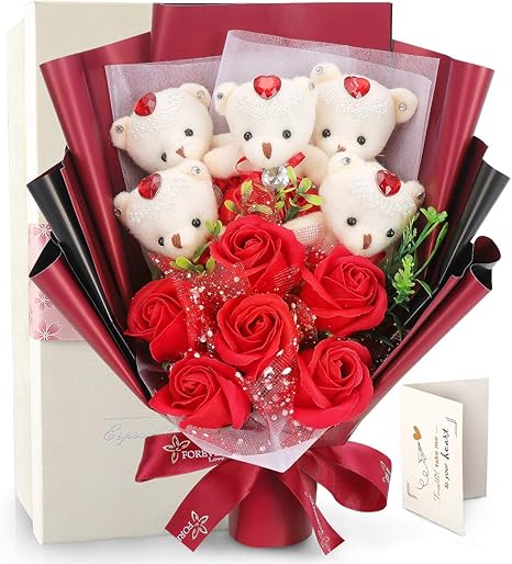 Amazon Fauhal 緑の葉付きの癒す花 ぬいぐるみ ベア5匹 ローズ6輪 ソープフラワー 造花 花束 プレゼント石鹸花 バラ 造花 花束 くま束 枯れない花 女性 母の日ギフト 誕生日プレゼント お礼用 敬老の日 花束 メーセージカード 手提げ付き 造花 オンライン通販