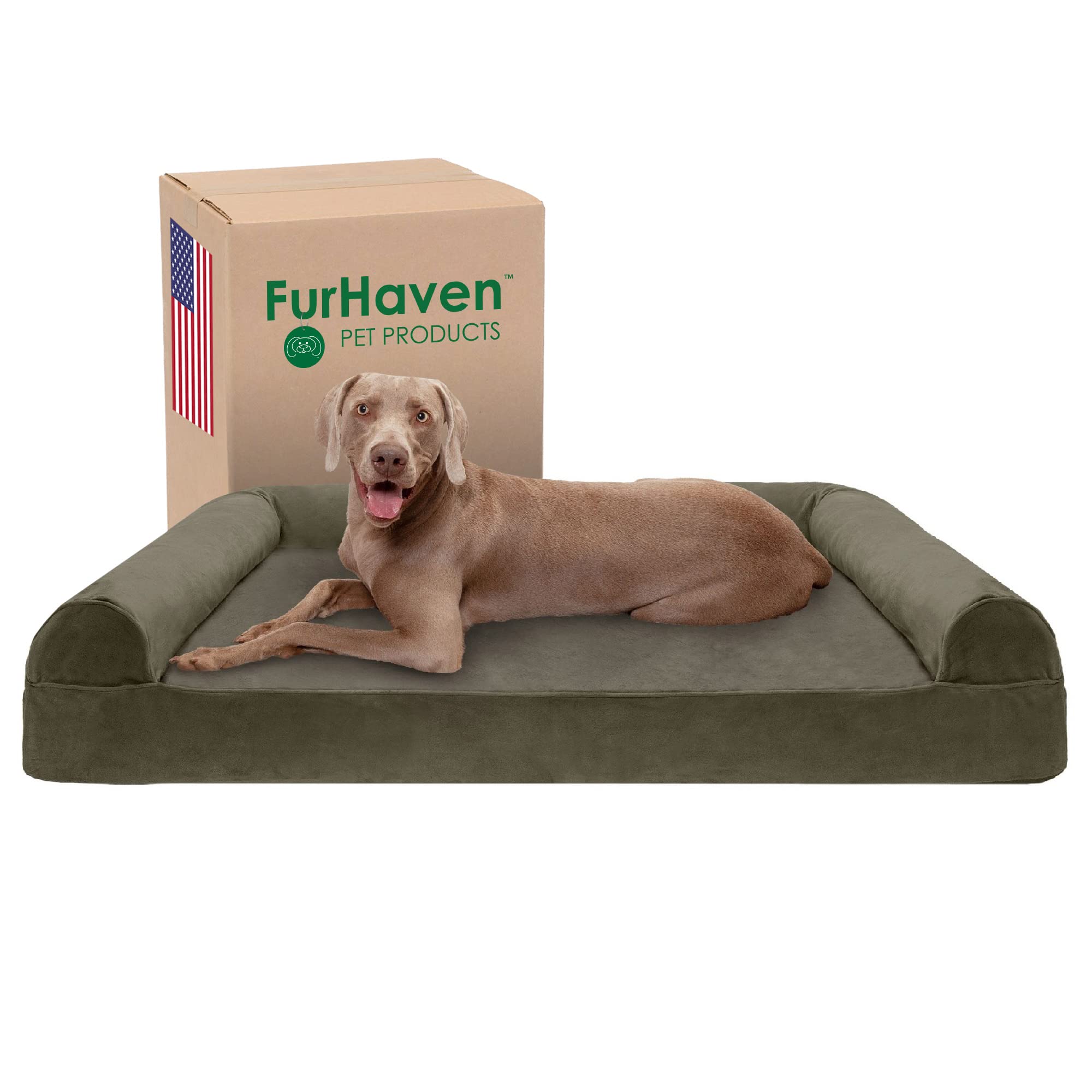 FurHaven Cooling Gel Dog Bed for Large Dogs w/Removable Bolsters & Washable Cover, For Dogs Up to 125 lbs - Faux Fur & Velvet Sofa - Dark Sage, Jumbo Plus/XXL