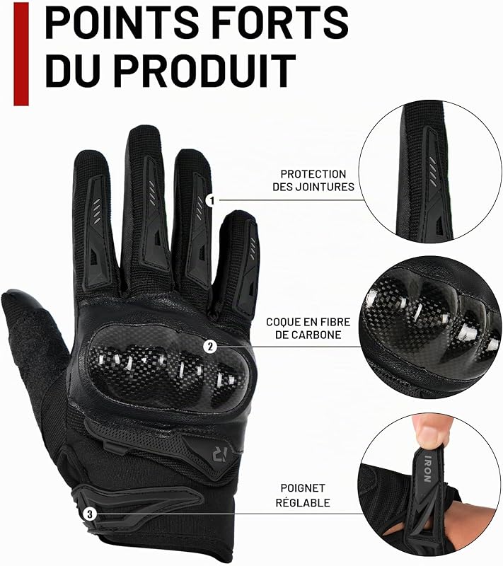 Gants Moto d'été Hommes Coque Rigide en Fibre Carbone Respirant écran Tactile Alpinisme Randonnée Noir L