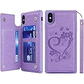 iCoverCase Compatible with iPhone X/XS Wallet Phone Case with Card Holder for Women, RFID Blocking Embossed PU Leather Wrist Strap Case 10/10S 5.8" (Heart Purple)