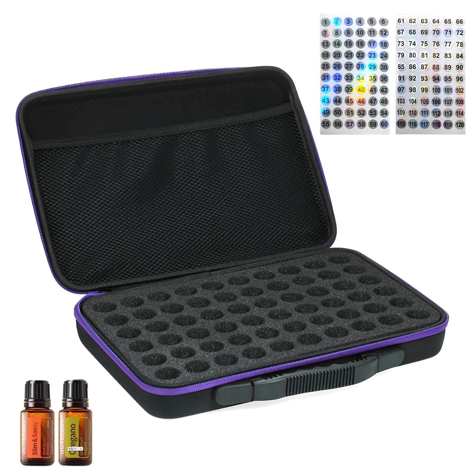 Omevett 60 Bottles Essential Oil Carrying Case Nail Polish Organiser Essential Oil Storage Box with Label Stickers Essential Oil Holder Traveling EVA Carrying Case Large Capacity Foam Insert Tote