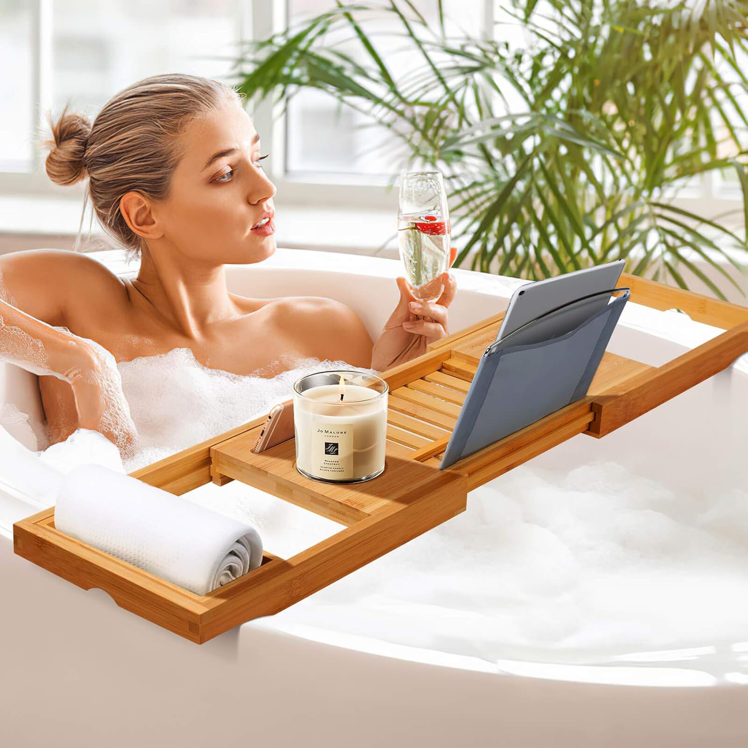 Bamboo Bath Tray Bathtub Caddy | Natural Bamboo Extendable Bath Bridge Tray Shelf for Luxury Bath with Book Holder for Smartphone Mug Wine Glass Pad Soap | Fits Most Bath Sizes (70-105) x22.5x4.5cm: Kitchen & Dining