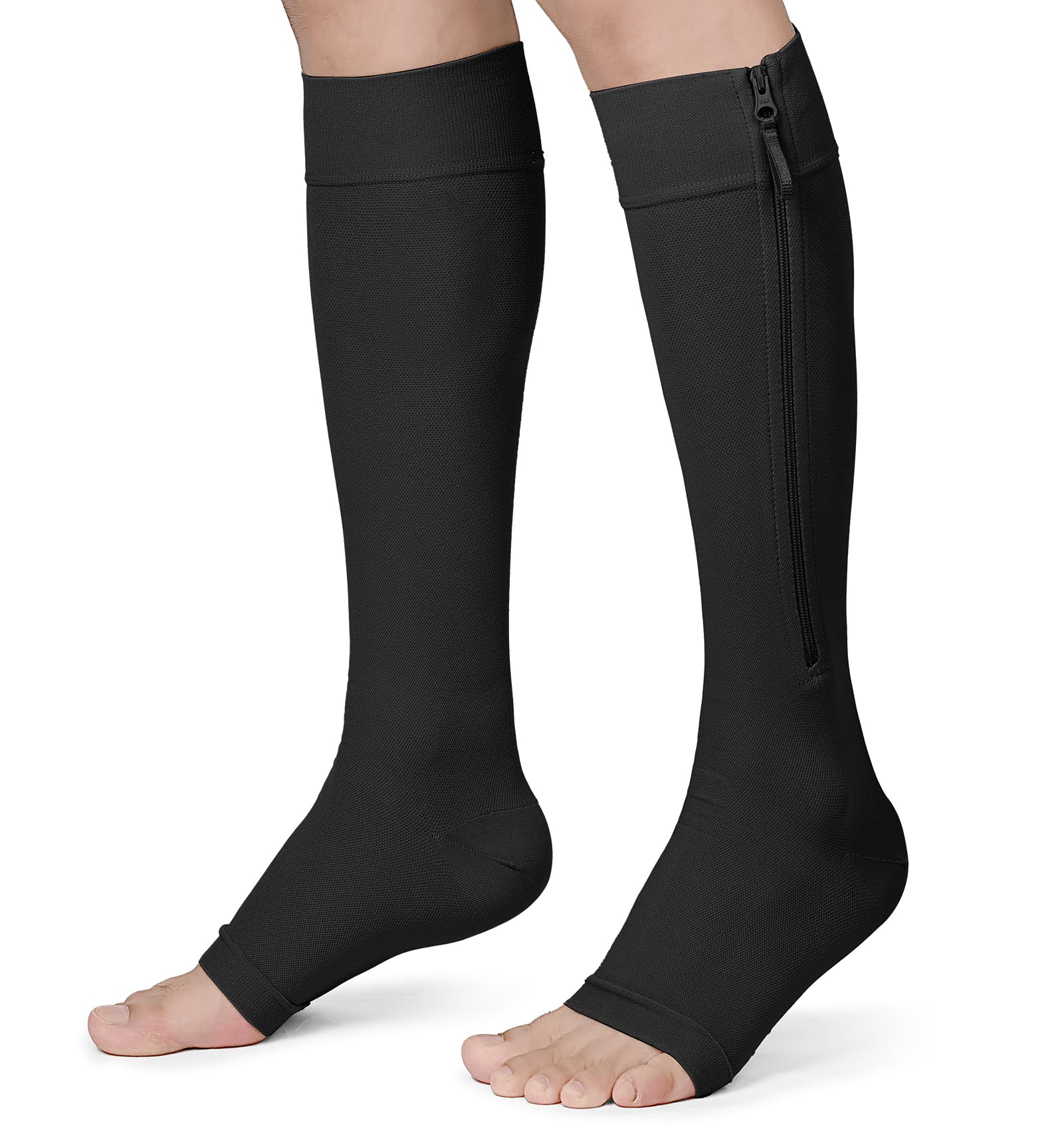 Photo 1 of KEKING® Zipper Compression Socks for Men Women, Open Toe, 20-30mmHg Firm Support Knee High Zipper Compression Stockings for Wide Calf - Varicose Veins, DVT, Shin Splints, Edema, Nursing, Black M