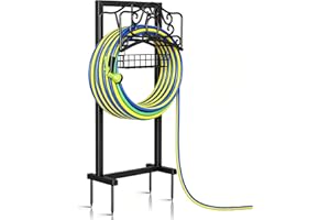Garden Hose Holder, 2026 Upgraded Heavy Duty Water Hose Holder Stand with Storage Basket Holds 160ft, Freestanding Metal Gard