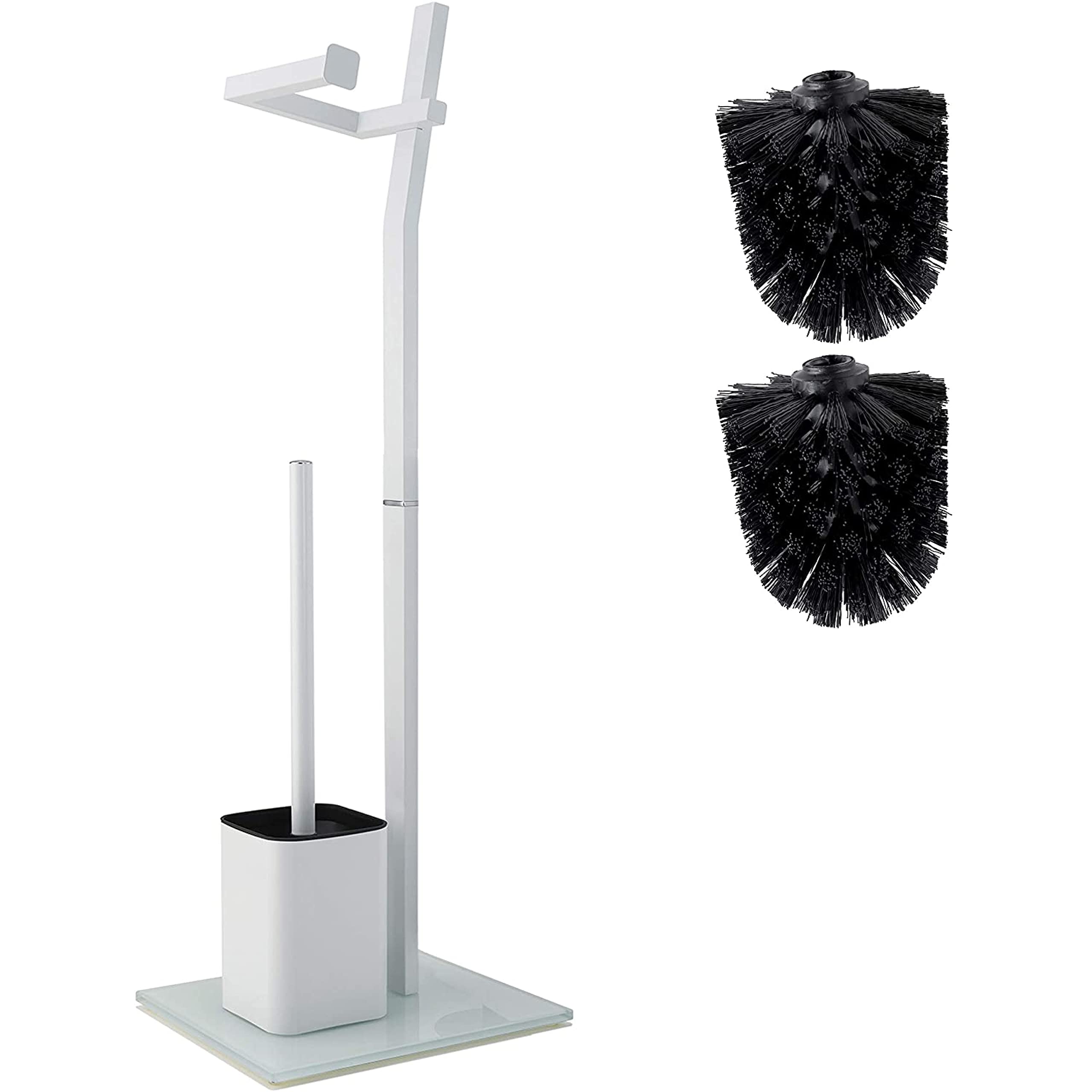 Smartpeas Toilet Roll Holder WC set - White - 22x18x70 cm - Toilet Roll Holder Free Standing Include - Stainless Steel - Strong Glass Base - Additional: 1 Plus 2 Replacement Toilet Brush Heads!