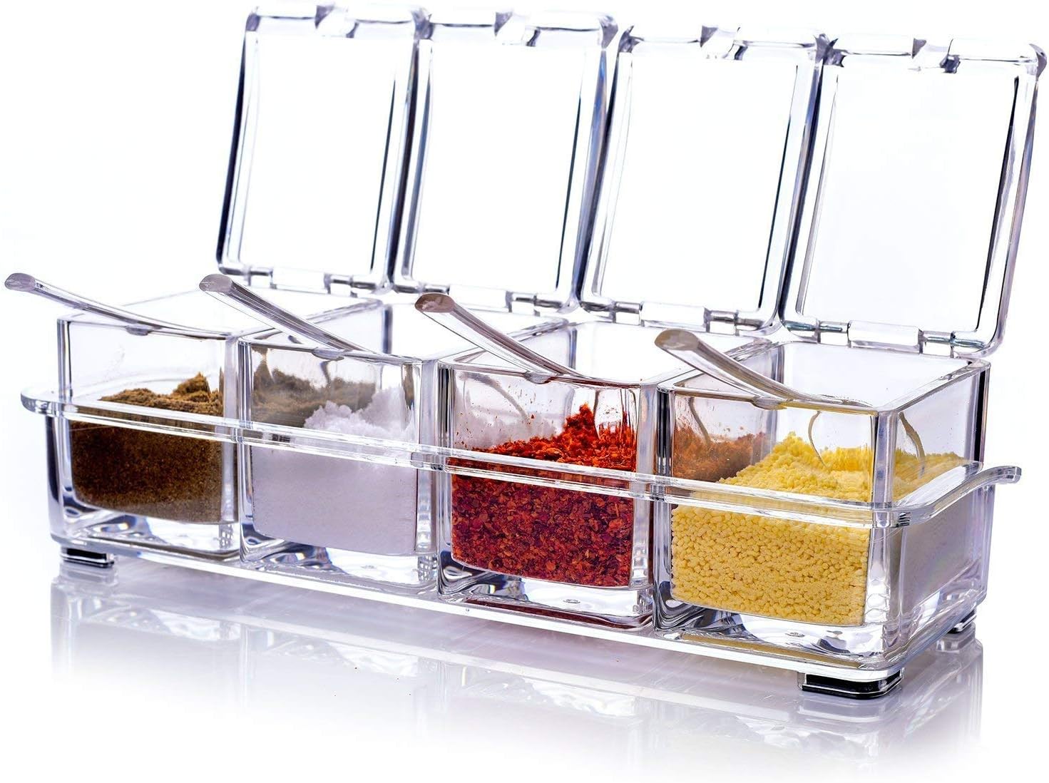 onlineminimall Seasoning Storage Box Clear Spice Rack 4 Box with Spoons Container Jar for Spice Salt Sugar Cruet, Condiment See Through Storage Containers Cooking Tools