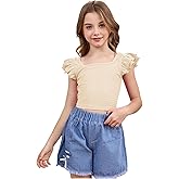 OYOANGLE Girl's Casual Solid Ruffle Trim Cap Sleeve Square Neck Cute Crop Tank Tops T-Shirts