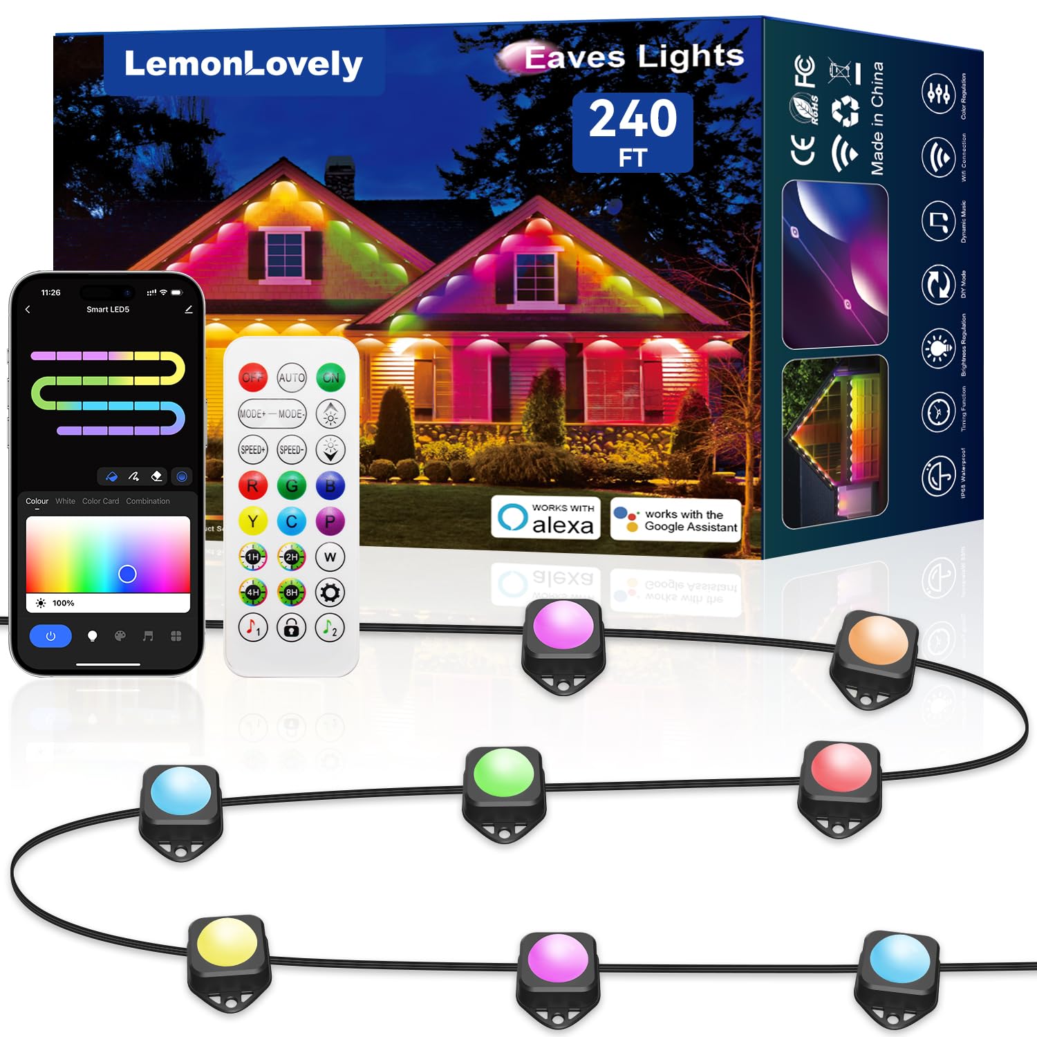 Photo 1 of lemonlovely Permanent Outdoor Lights for House, 240ft with 176 Smart IC+RGBCW LED Eaves Lights with App/Remote Control, IP67 Waterproof Christmas Light Compatible with Alexa, Google Assistant, Black