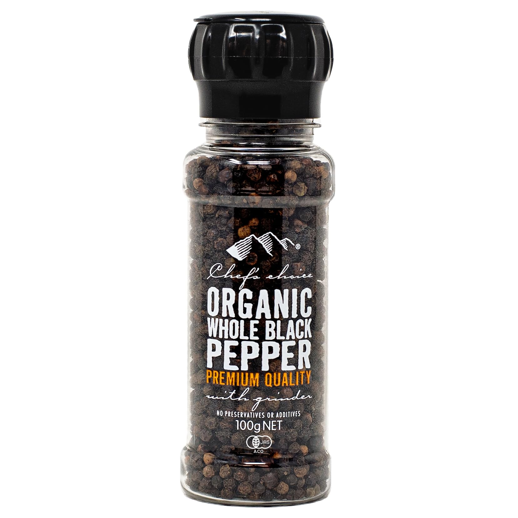 シェフズチョイス オーガニックブラックペッパー 黒胡椒 ミル付き or 粗挽き Organic Black Pepper (ホール 100g)商品画像