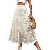 Womens Boho Long Skirts Elastic Waist Hollow Out Beach Vintage Crochet A-Line Ruffled Knit Maxi Skirts