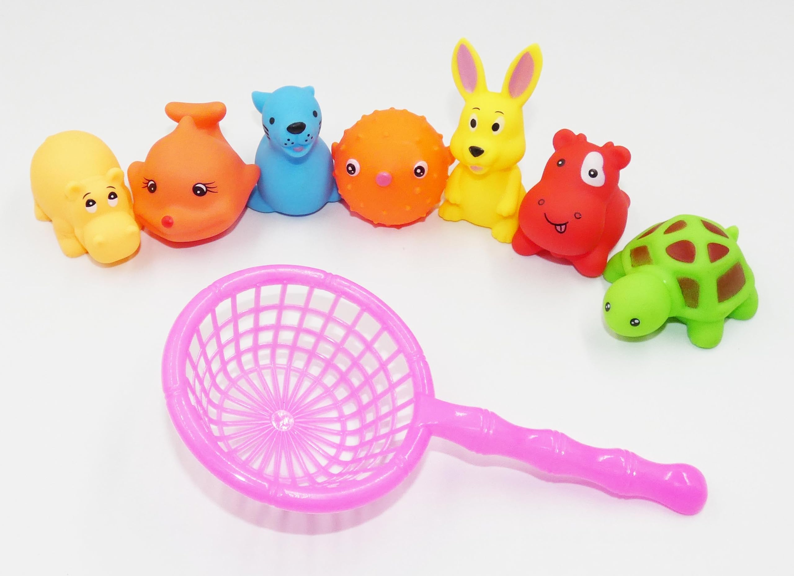 Happium Bath Squeaky Toys, Mini Animals Rubber Pack of 7 Squeaky Toys with Catching Net, Bath Toy Paddling Pool Game Summer Water Fun Toys for Kids