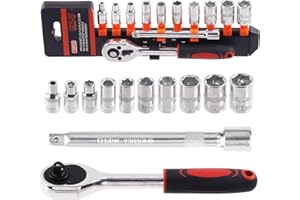 Swpeet 12Pcs 1/4 Inch Ratchet Socket Wrench Set, Drive Socket Set with 10 Sockets 4-13mm and Socket Quick Release Ratchet Han