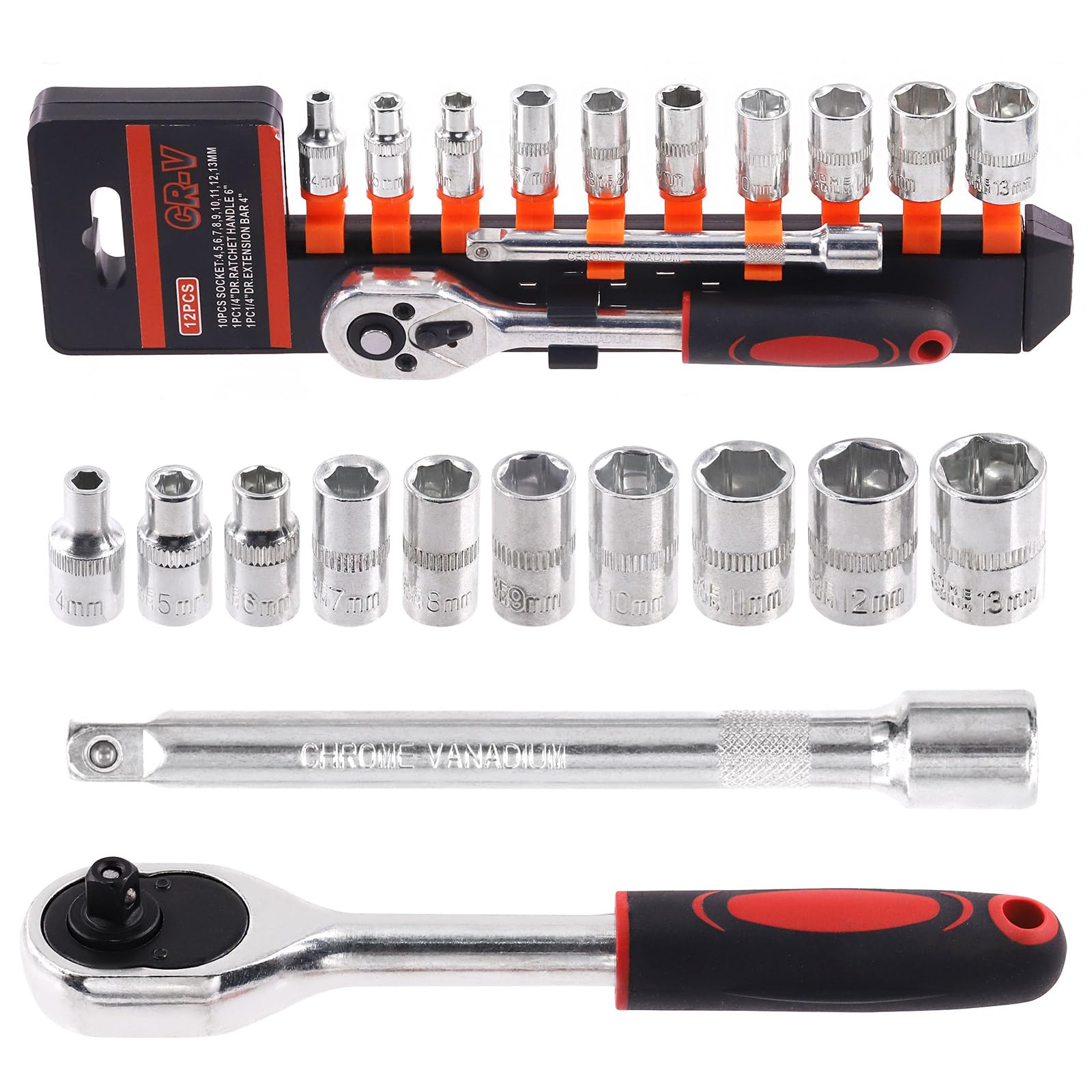 Swpeet 12Pcs 1/4 Inch Ratchet Socket Wrench Set, 4-13mm Drive Socket Set with Quick Release Handles and 10 cm Extensions Bar for Home Repair, Garage Workshop, DIY