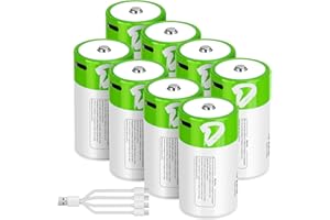 letoom D Batteries Rechargeable 8 Pack with4 in 1 USBC Charging Cable D Size Cell Lithium Batteries 7500mWh 1.5V for Flashlights, Toys, and Floodlights