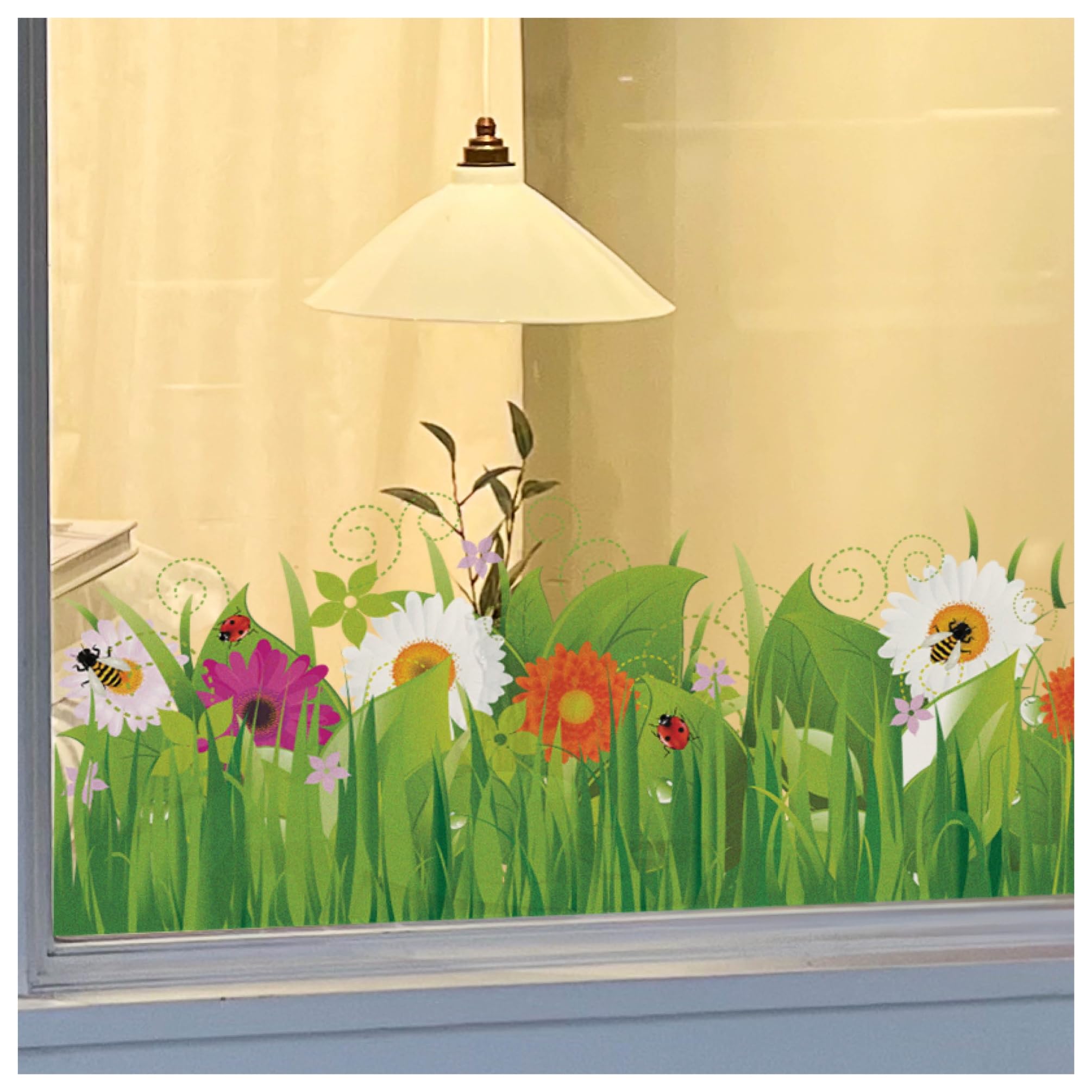 Spring Window Stickers - Wild Grass with Flowers and Insects Window Cling Border - Seasonal Windows Display