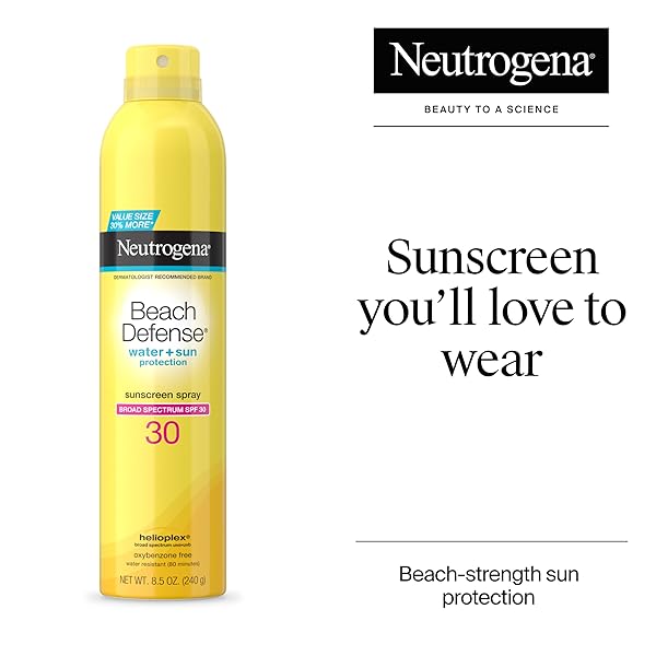 NEUTROGENA BEACH DEFENSE SUNSCREEN SPRAY BROAD SPECTRUM SPF 30, 8.5 OZ, WATER RESISTANT, FAST ABSORBING, OXYBENZONE FREE, LIGHTWEIGHT SUN PROTECTION, FACE AND BODY SUNSCREEN