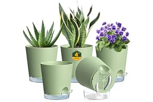 Meowell 4 inch Self Watering Pots for Indoor Plants, 5 Pack Small Flower Plant Pots with Drainage Holes and Clear Reservoirs, Visible Water Level, Plastic Planters with Wicking Rope, Green