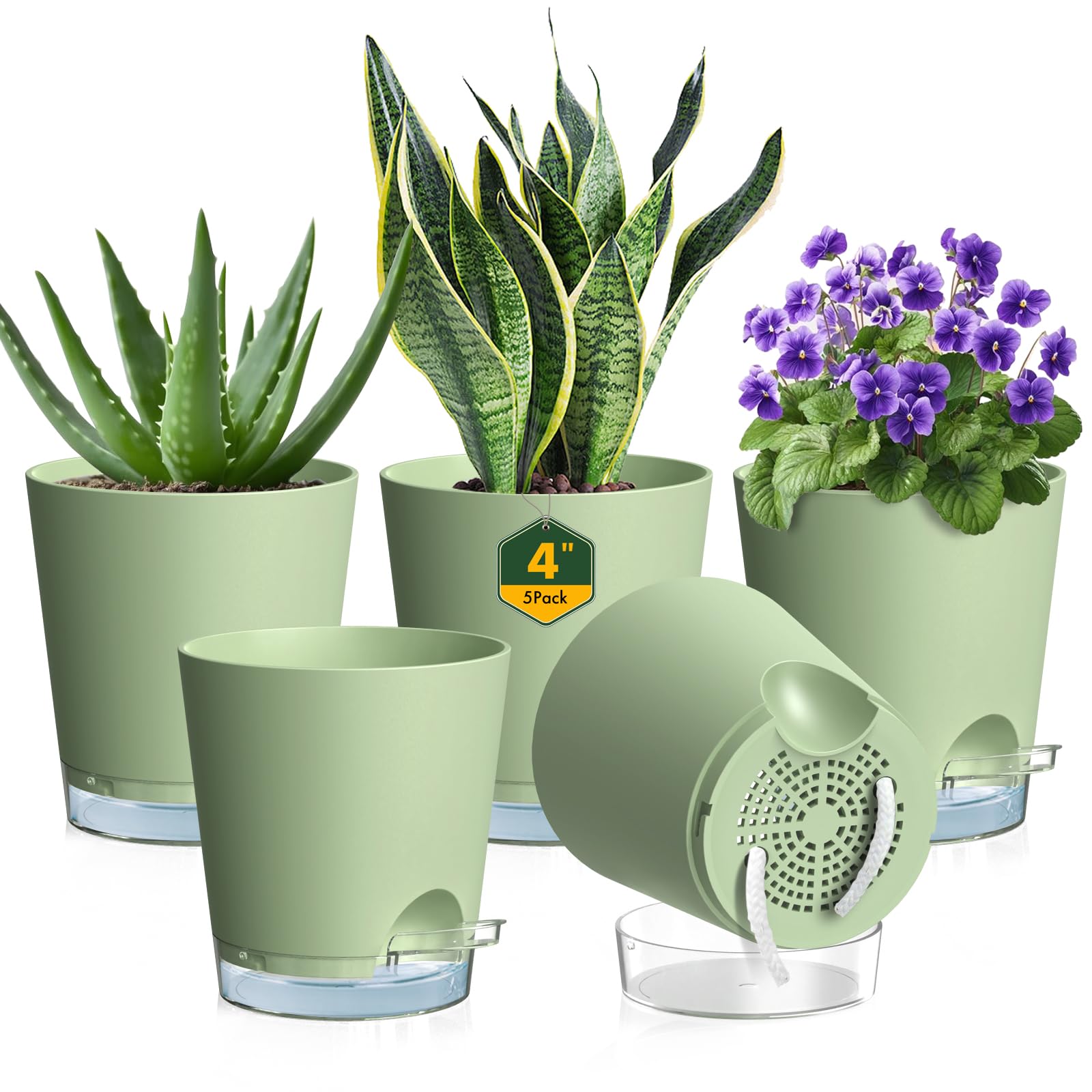 Photo 1 of Meowell 4 inch Self Watering Pots for Indoor Plants, 5 Pack Small Flower Plant Pots with Drainage Holes and Clear Reservoirs, Visible Water Level, Plastic Planters with Wicking Rope, Green