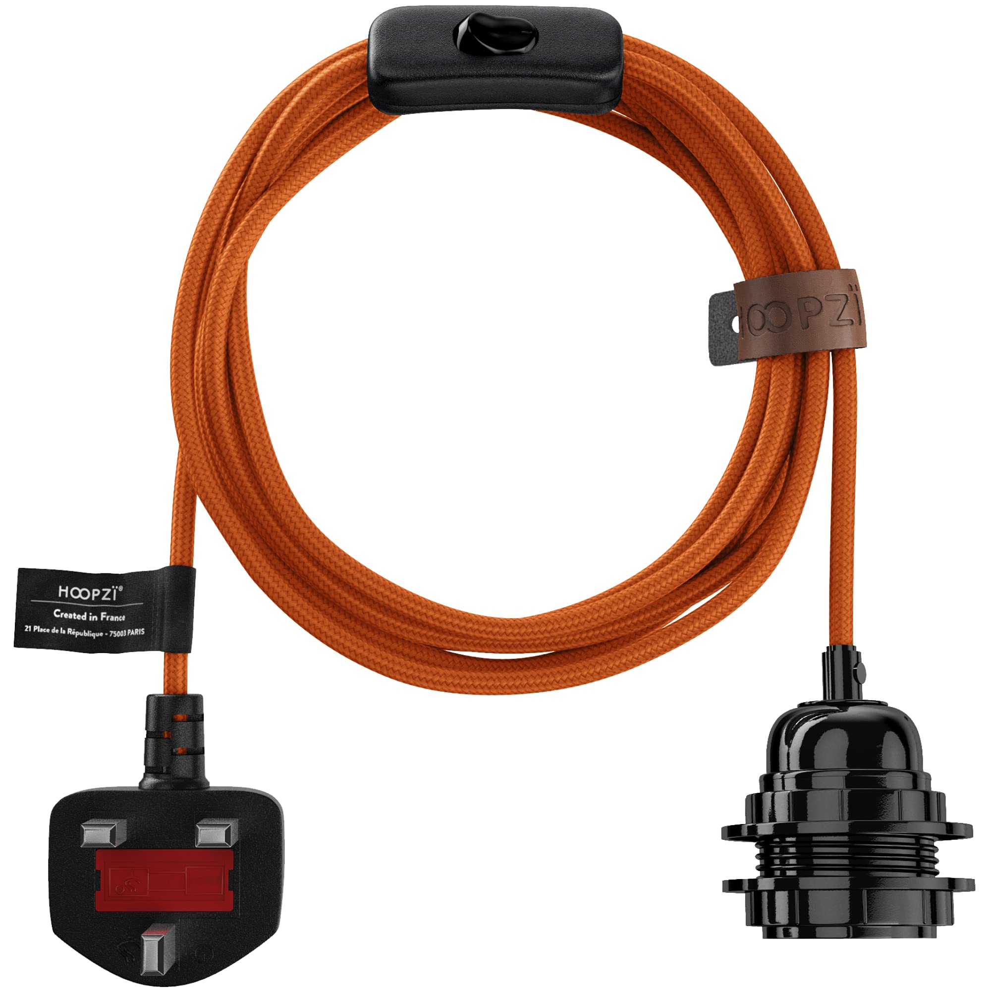 Hoopzi - Plug in Pendant Light to Light Up Your Home - 4.5M Fabric Electrical Cable - E27 Bulb Holder with Switch - Create Your Own Pendant Light, Portable Lamp, Hanging Lamp - BalaOrange