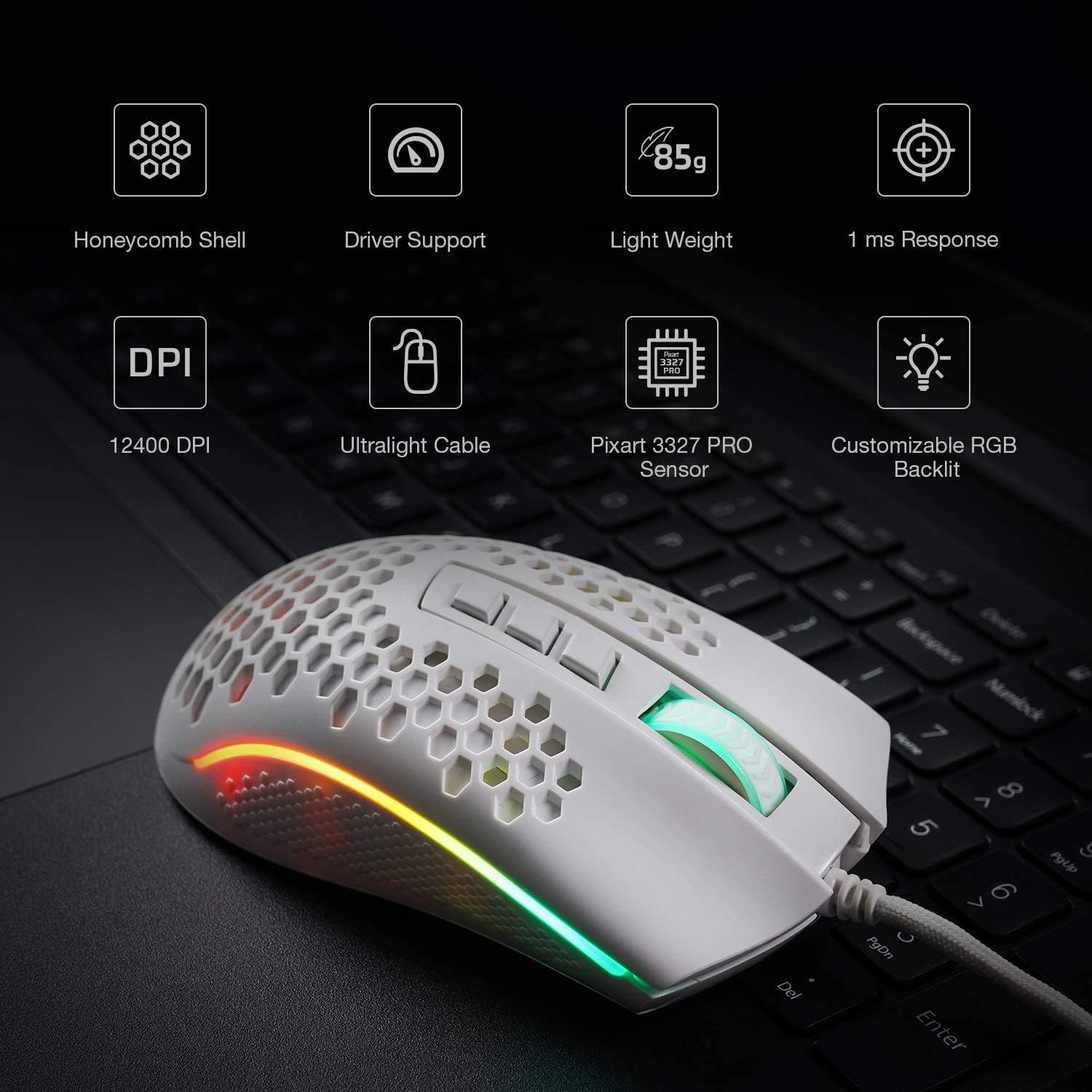 Redragon M808 Storm Ultralight Wired Gaming Mouse, 85g Lightweight Honeycomb Shell, Adjustable DPI Up to 12,400 - Image 4
