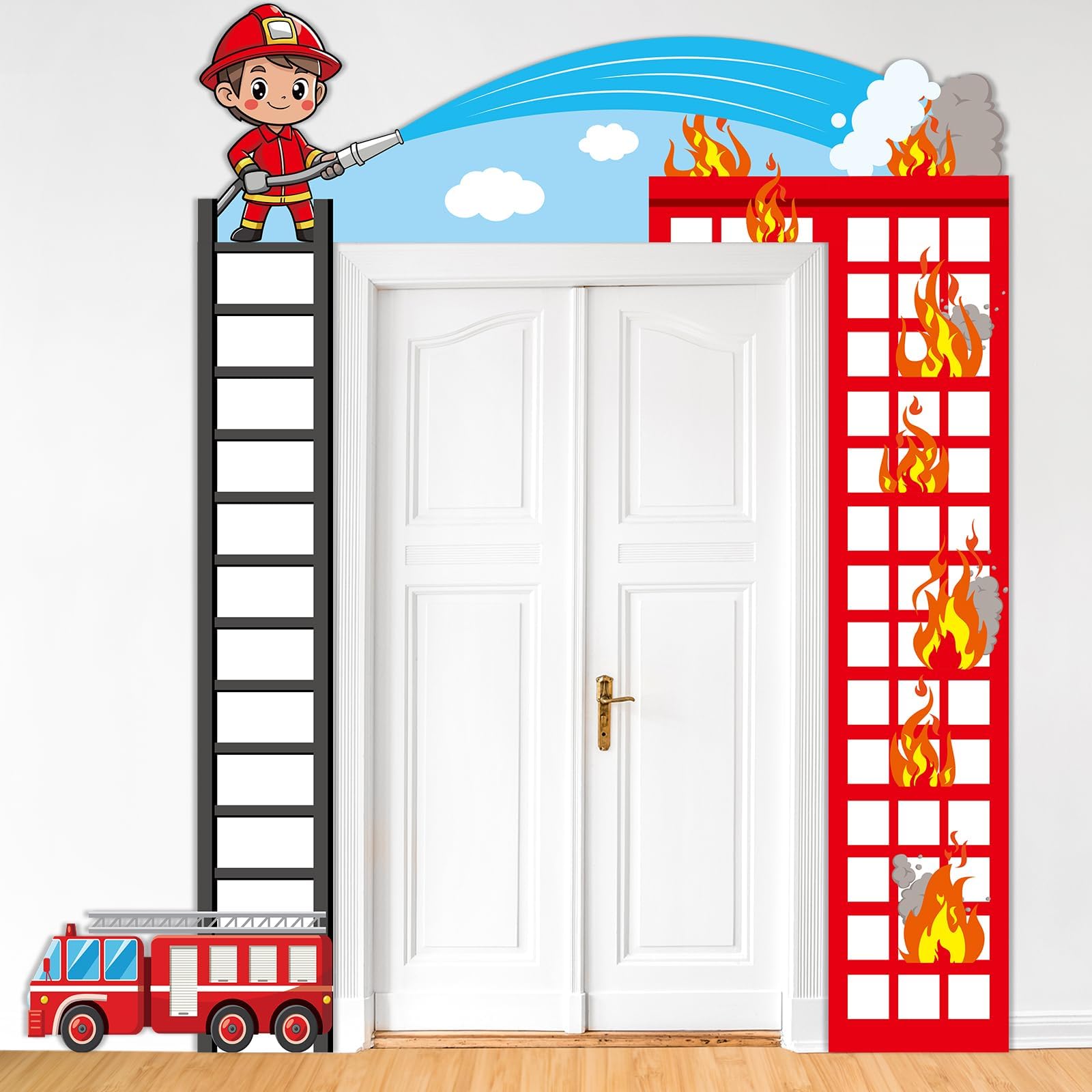 Photo 1 of Firetruck Birthday Party Decorations Fire Truck Porch Banner Firefighter Birthday Door Hanging Decor Firetruck Themed Backdrop Photo Props for Kids Baby Shower Parties Supplies