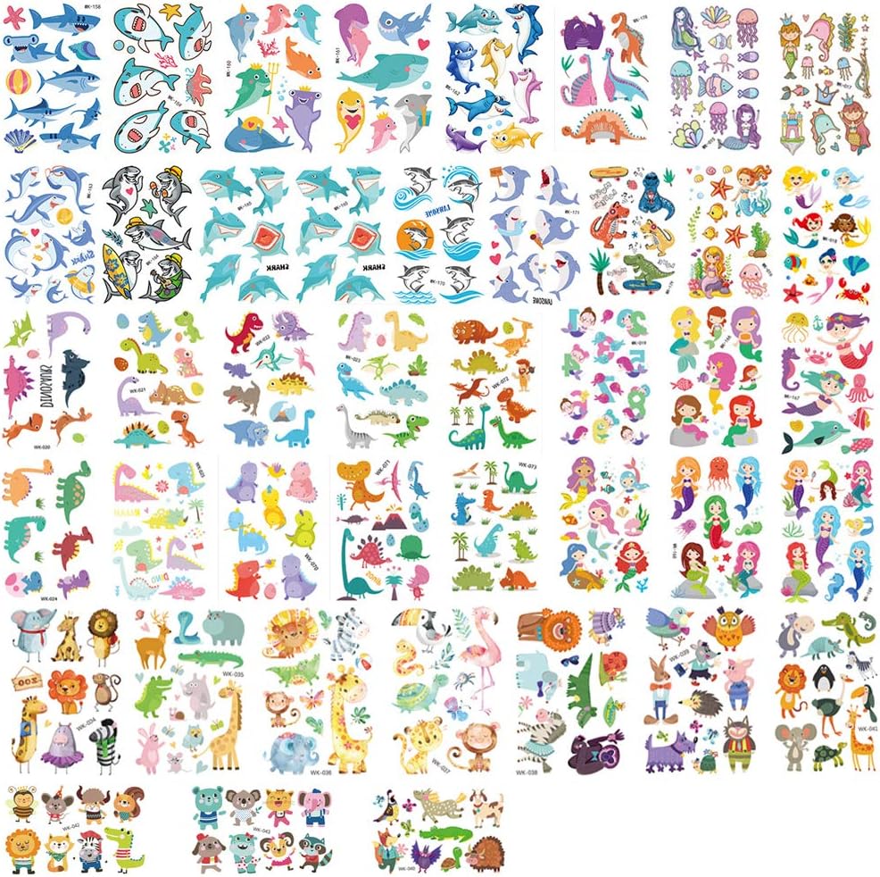 42 Sheets Temporary Tattoos For Kids, Cute Animal Temporary Tattoos Waterproof Cartoon Tattoos Sticker Fake Tattoos Mermaid Dinosaur Shark Tattoos For Children Kids Birthday Party Favors Supplies