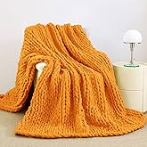 Admitrack Chunky Knit Blanket Throw, 100% Hand Knit Chenille Throw Blanket for Sofa & Home Decor, Soft and Cozy Knitted Throw Blankets (Orange, 51"x63")