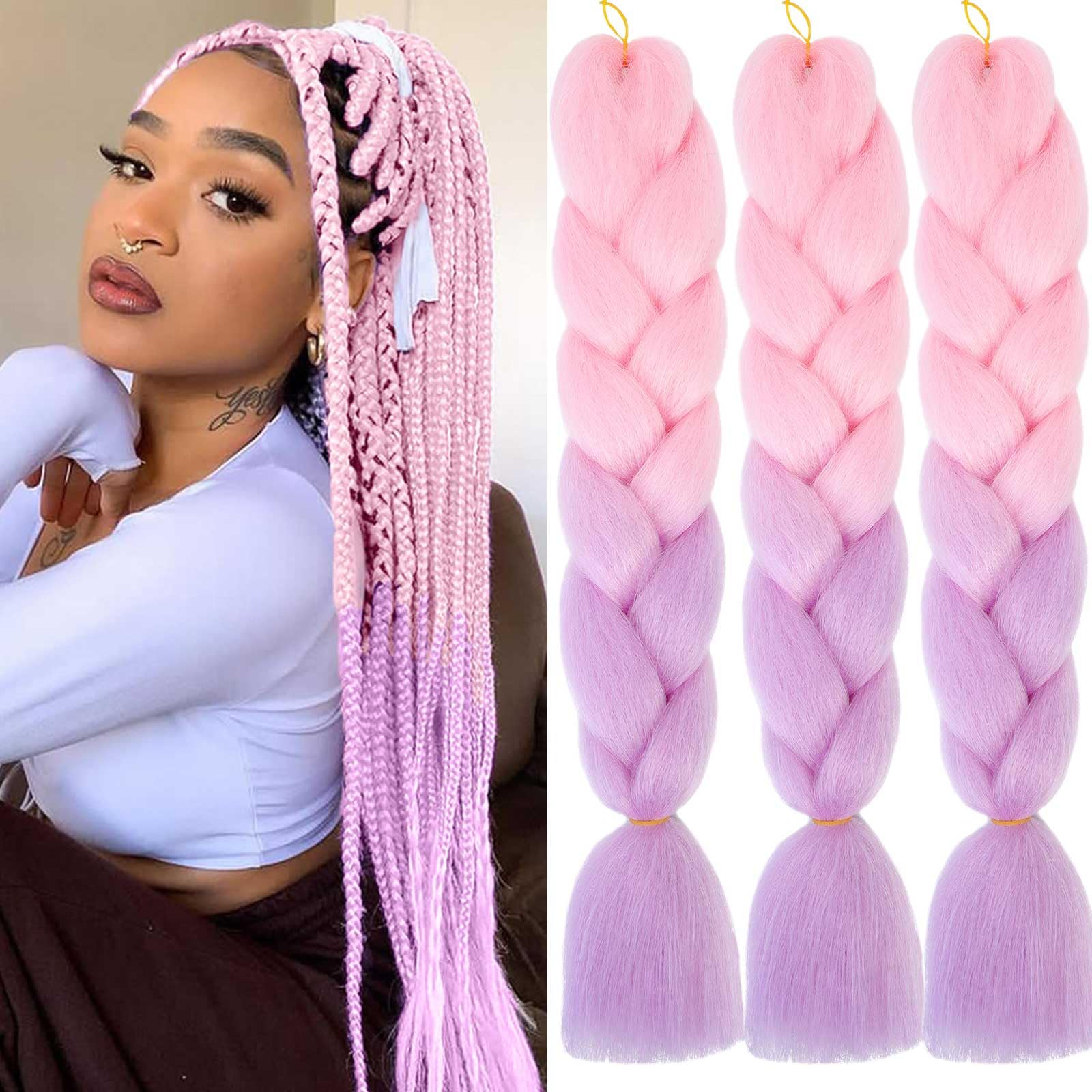 Xtrend 24Inch 3packs Jumbo Braiding Hair Pink to Purple Kanekalon Jumbo Braids Hair Extension Jumbo Braiding for Twist Braiding Box Braids Crochet Hair (3Packs,Pink to Purple#) — image 1