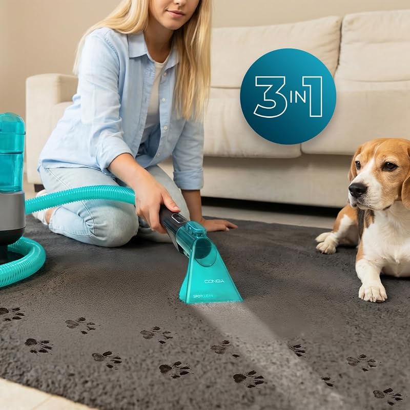 Polsterreiniger Conga 6000 Carpet&Spot Clean XXL Neo. 600 W Leistung, extrem starke 15 kPa Saugkraft, 1,3 L Frischwassertank, 7 m Aktionsradius, 3-in-1 Funktion, Fenster-Zubehör, 2 Düsen
