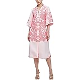 D-Sun Women Floral Embroidery Mid Dress Casual V-Neck 3/4 Sleeves Fall Winter Tunic Loose Zip Party Dress with Pocket