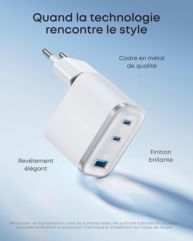 Nano Chargeur USB C 70W 3 Ports (Câble Inclus), Sortie Ultrafast