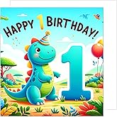 Edition Seidel Premium Square 1st Birthday Card with envelope. Greeting Happy Birthday for girl boy kids children party funny humour dino (GQ260 SW024)