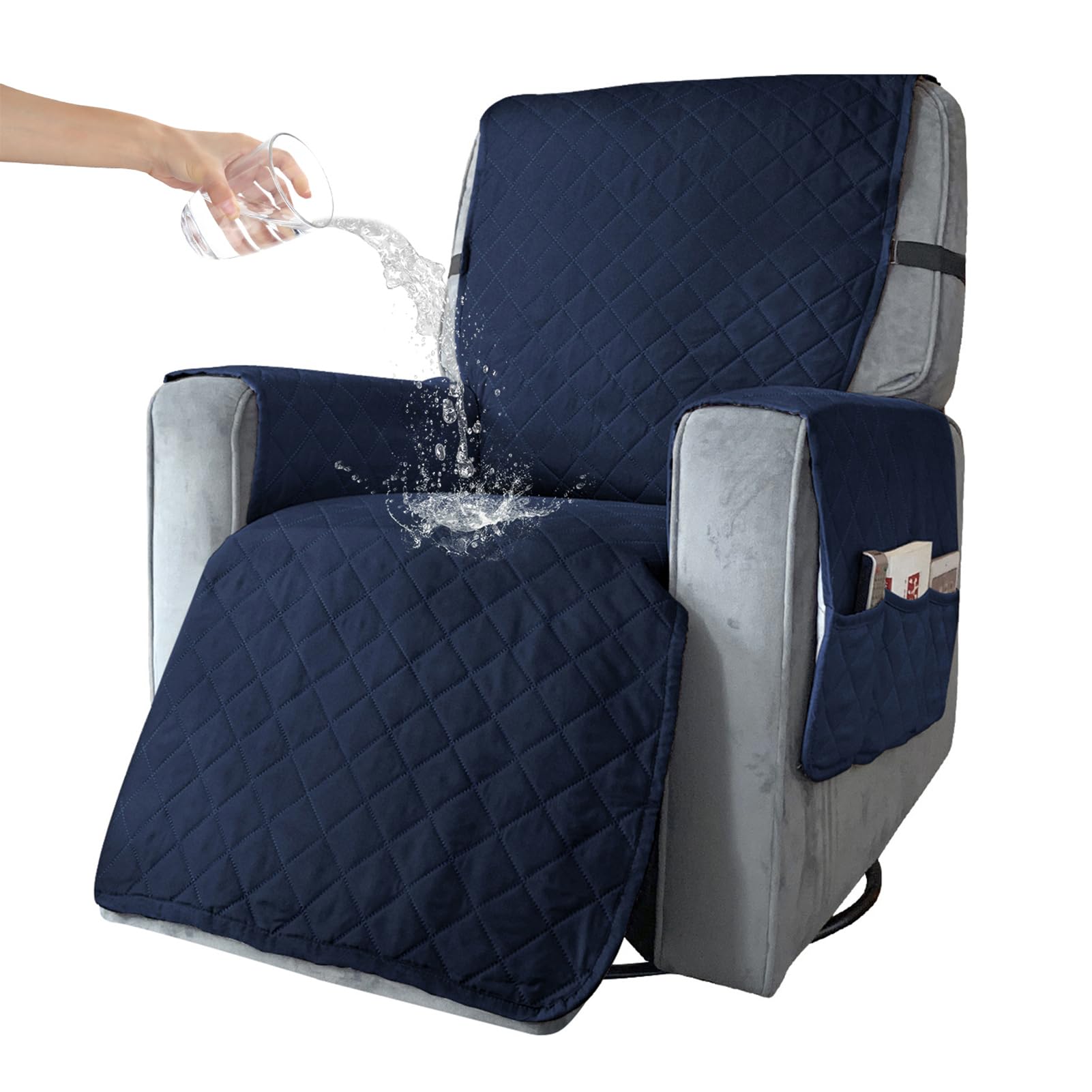 BXFUL Waterproof Recliner Chair Cover with Pockets, Elastic Strap, Non-Slip Chair Cover for Recliner Armchairs, 1 Seat Reclining Chair Cover, Anti-fouling Recliner Covers for Kids, Pets (L,Navy blue)